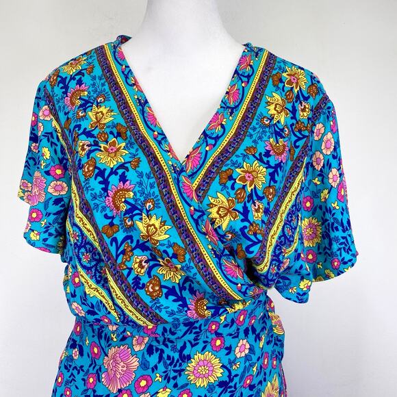 ZESICA Boho Chic Floral Mini Wrap Dress Womens Sz L Turquoise Blue Spring Summer - Picture 3 of 9